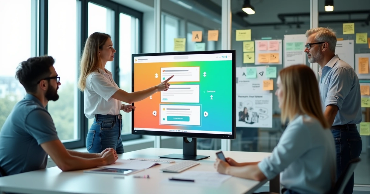 Equipe ajustando elementos de uma landing page exibida em grande tela com gráficos de conversão 