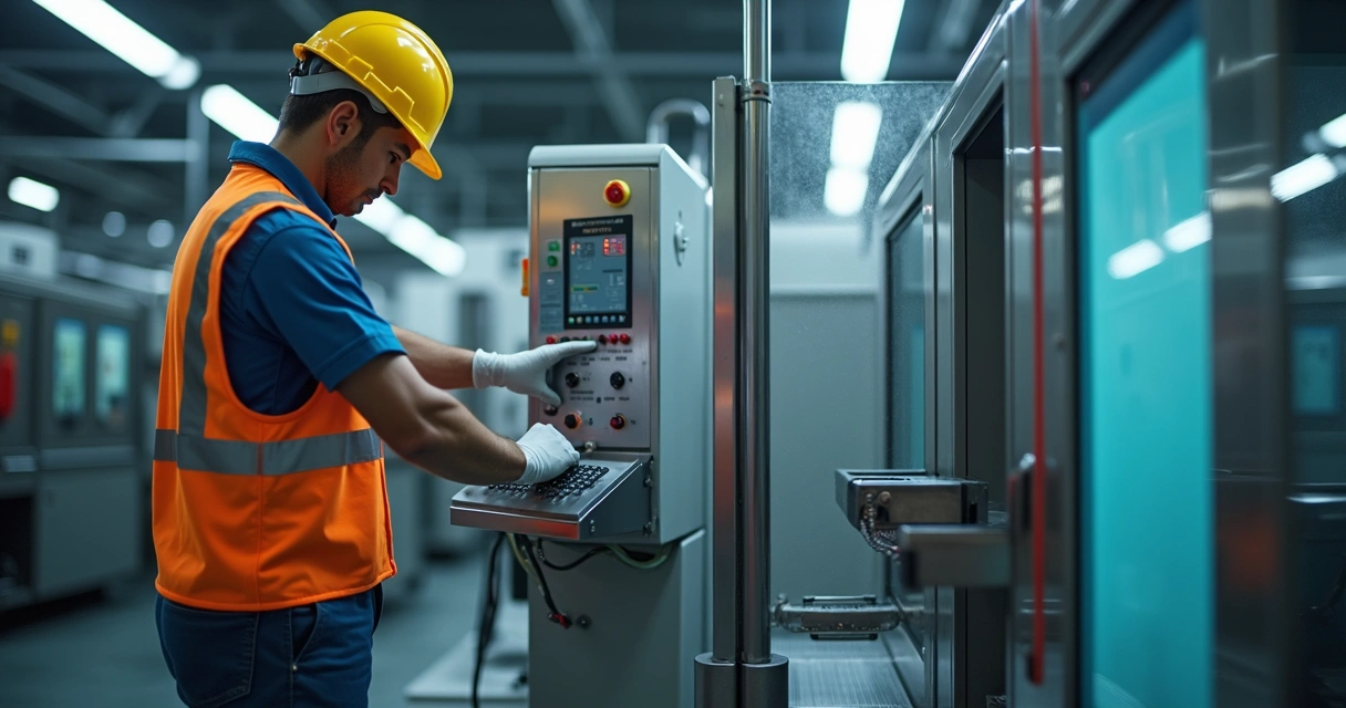 Técnico ajustando proteção de máquina em ambiente industrial conforme normas de ergonomia