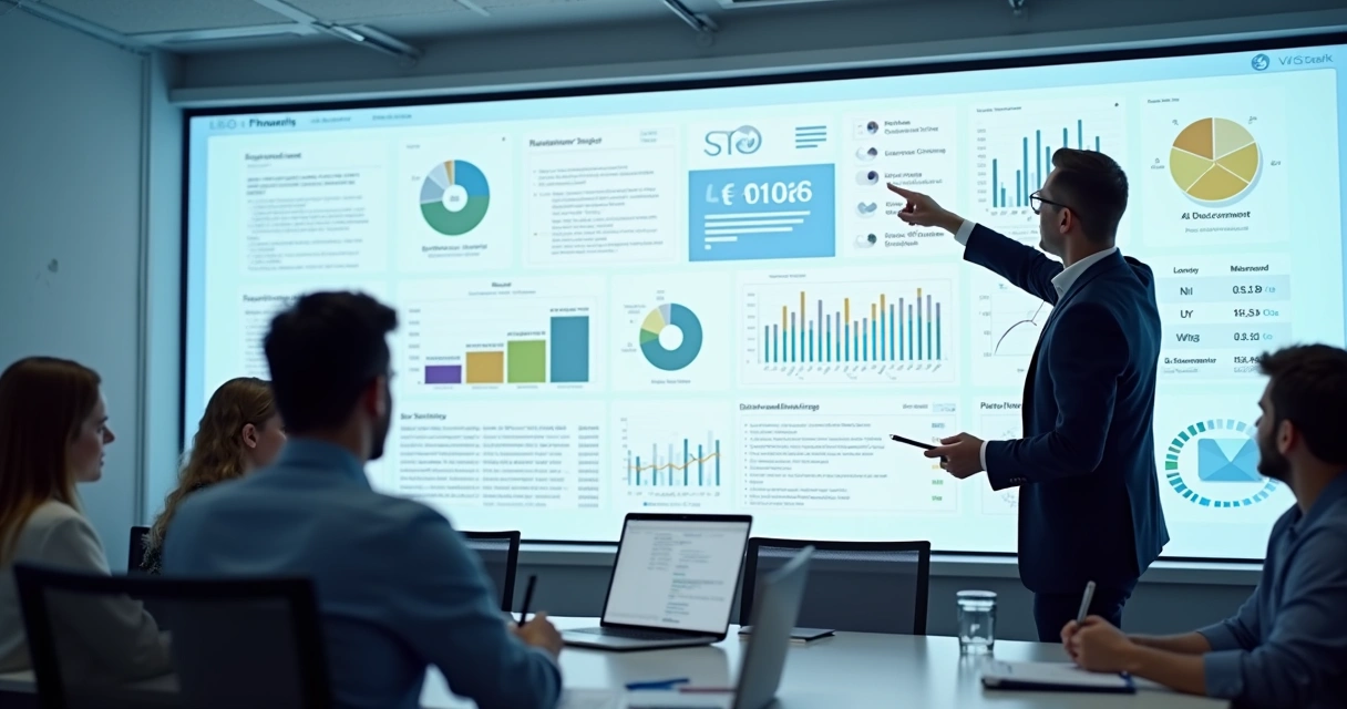 Profissional ajustando dashboard de SEO com equipe 