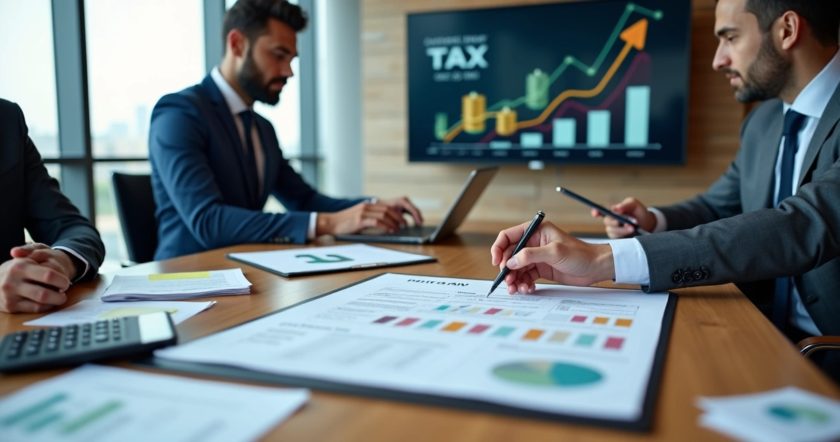 Equipe financeira analisando gráficos e lei tributária em escritório moderno 