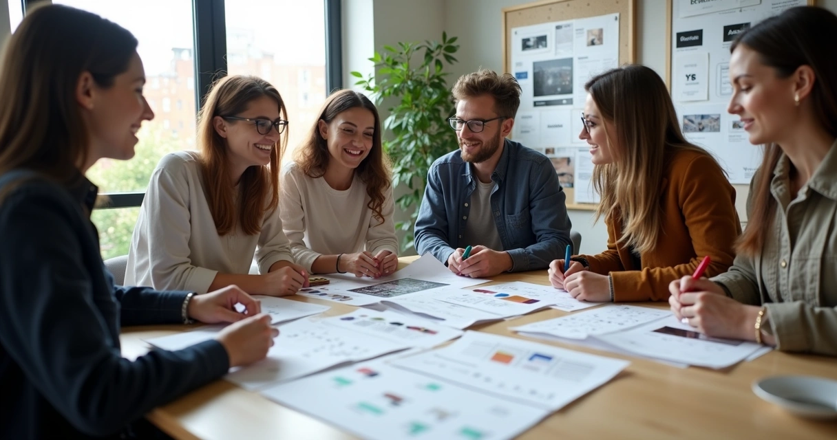 Equipe criativa revisando manual de identidade visual 