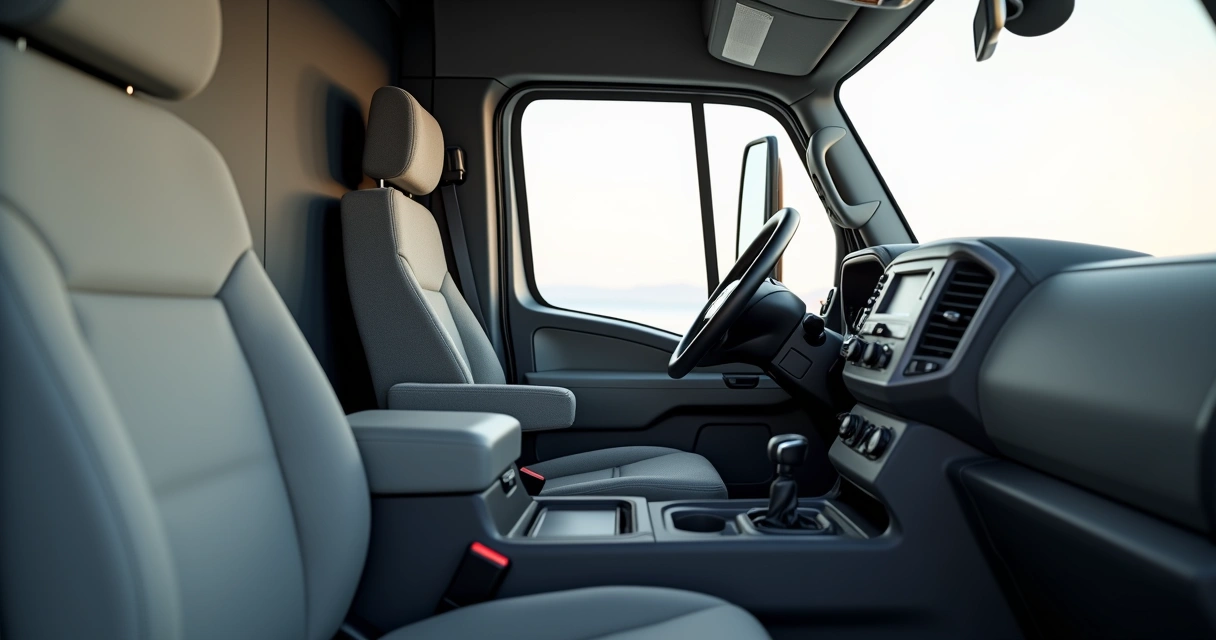 Interior de caminhão de frota corporativa com assento ajustável e apoios ergonômicos 