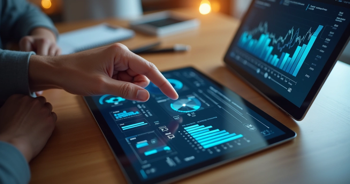 Profissional ajustando métricas em tablet com gráficos 