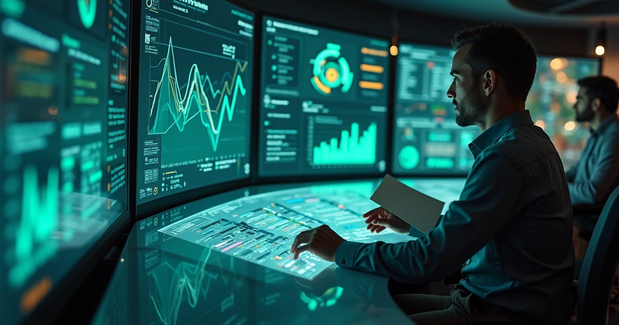 Profissional ajusta alavancas de tráfego em painel digital com gráfico estável de SEO 
