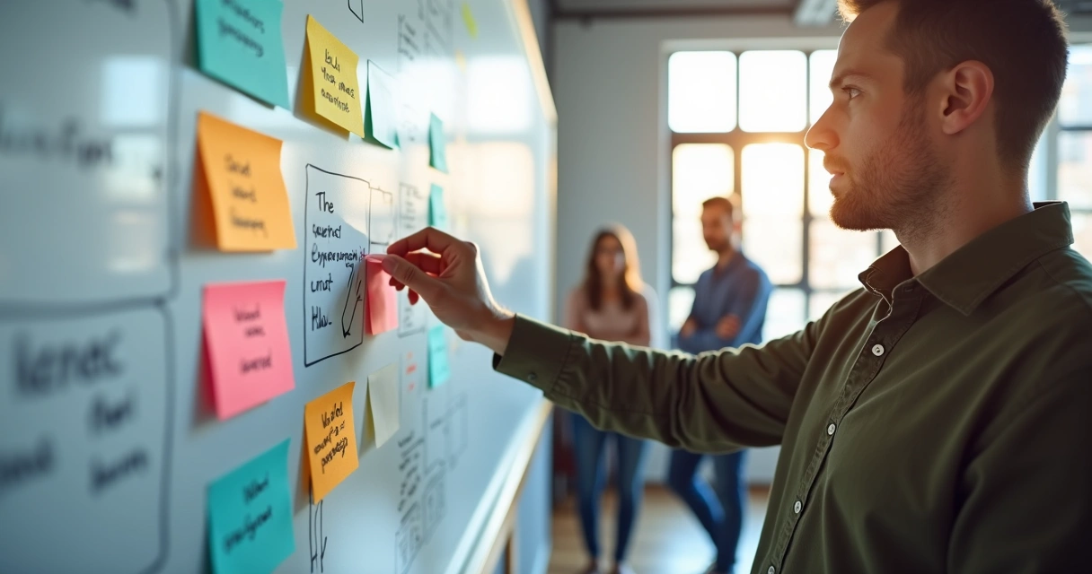 Empreendedor ajustando estratégias em quadro branco com post-its coloridos 