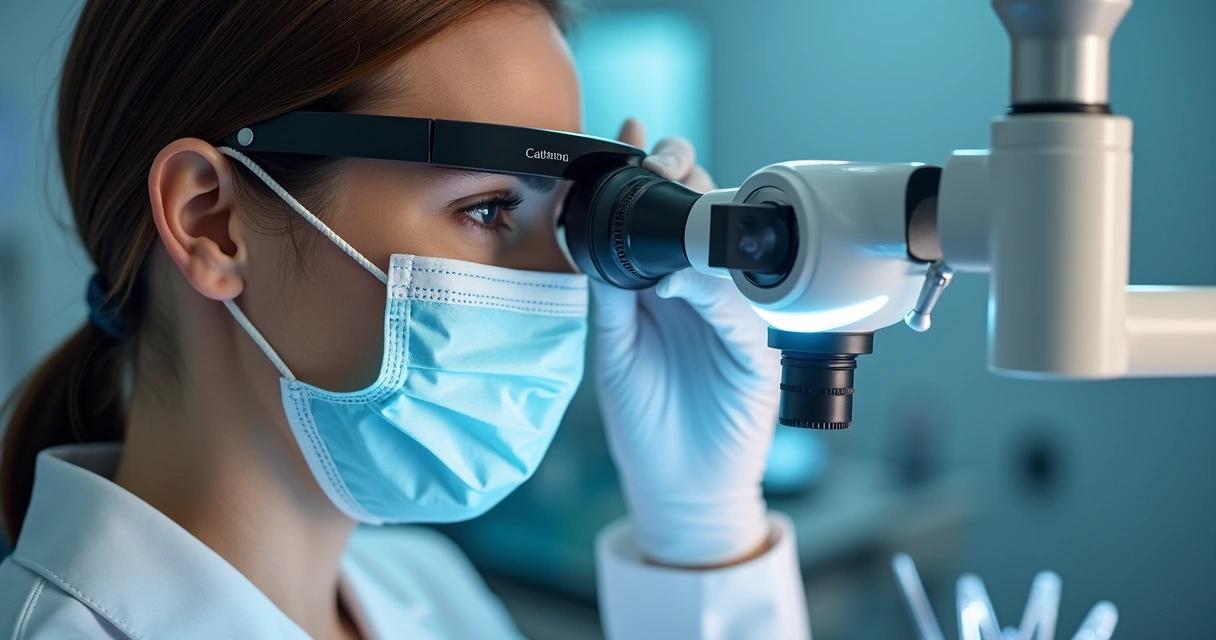 Dentista ajustando lupa personalizada no consultório 