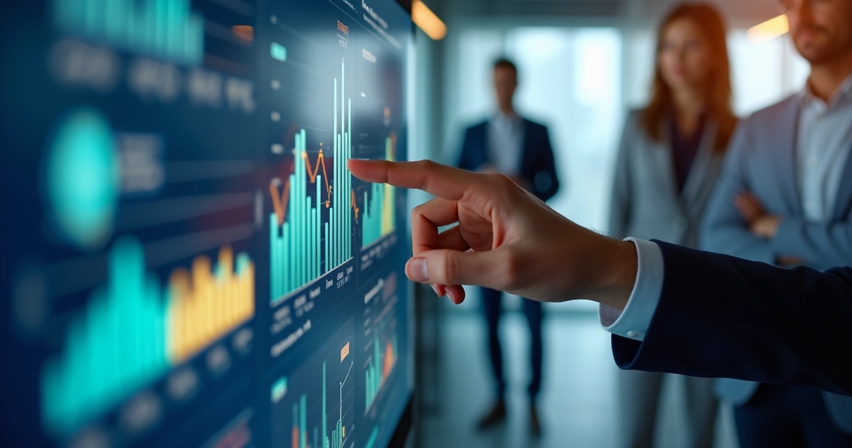 Gestor ajustando gráficos em tela digital de planejamento financeiro. 
