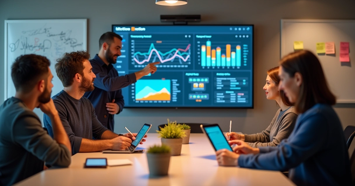 Reunião de equipe analisando métricas em dashboard de Notion 