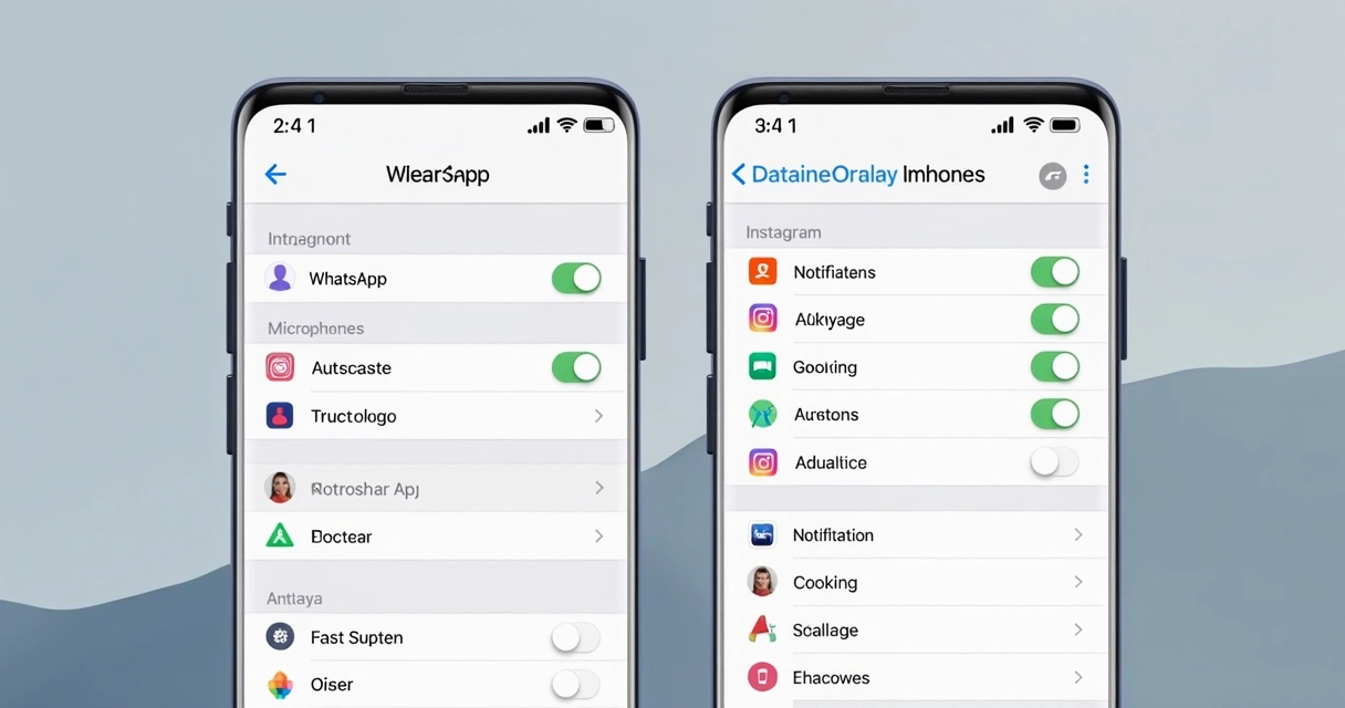 Ajustes de privacidade em iPhone e Android, mostrando telas de configurações de aplicativos 