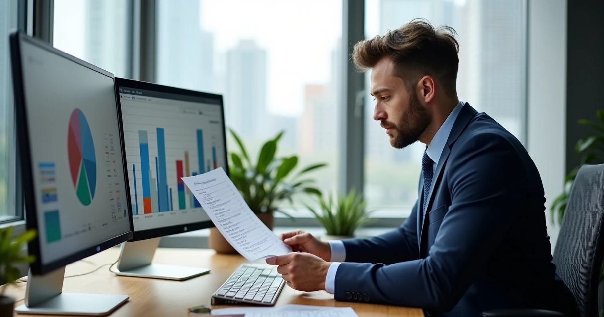 Homem revisando portfólio de investimentos em ambiente moderno 