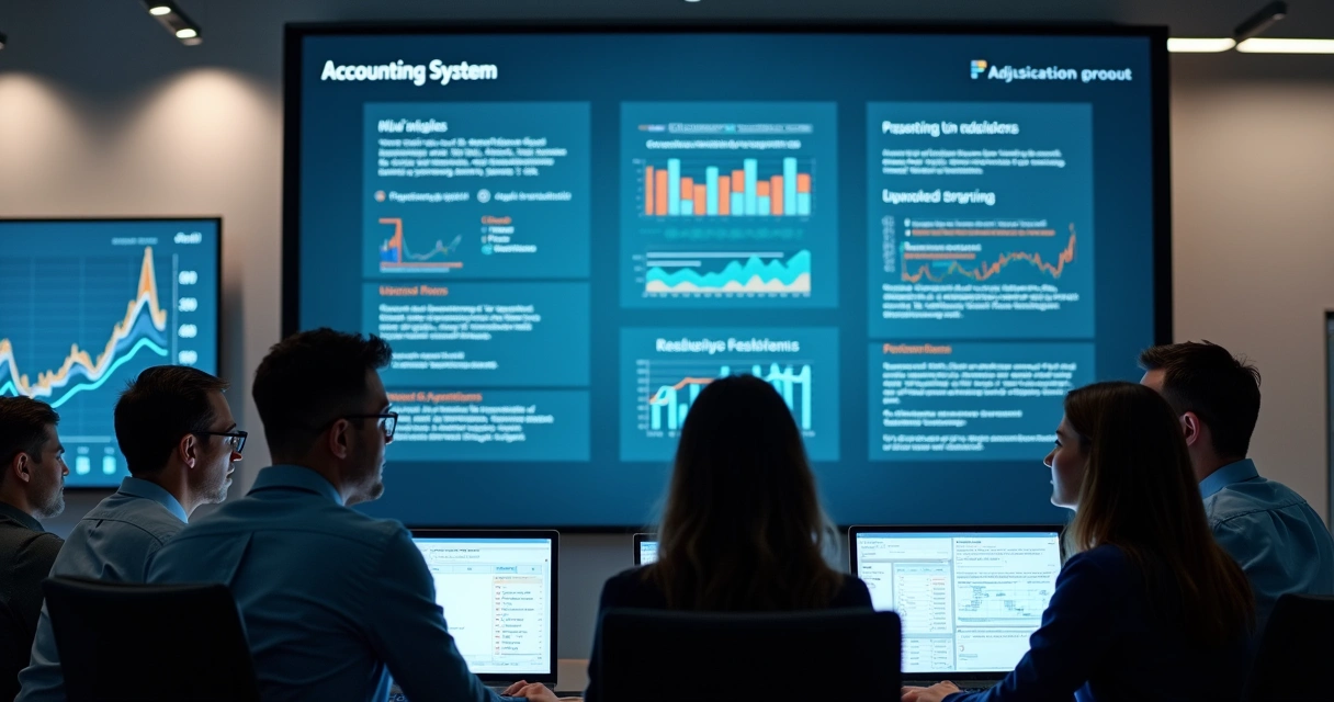 Equipe reunida em torno de computador analisando ajustes em sistema contábil
