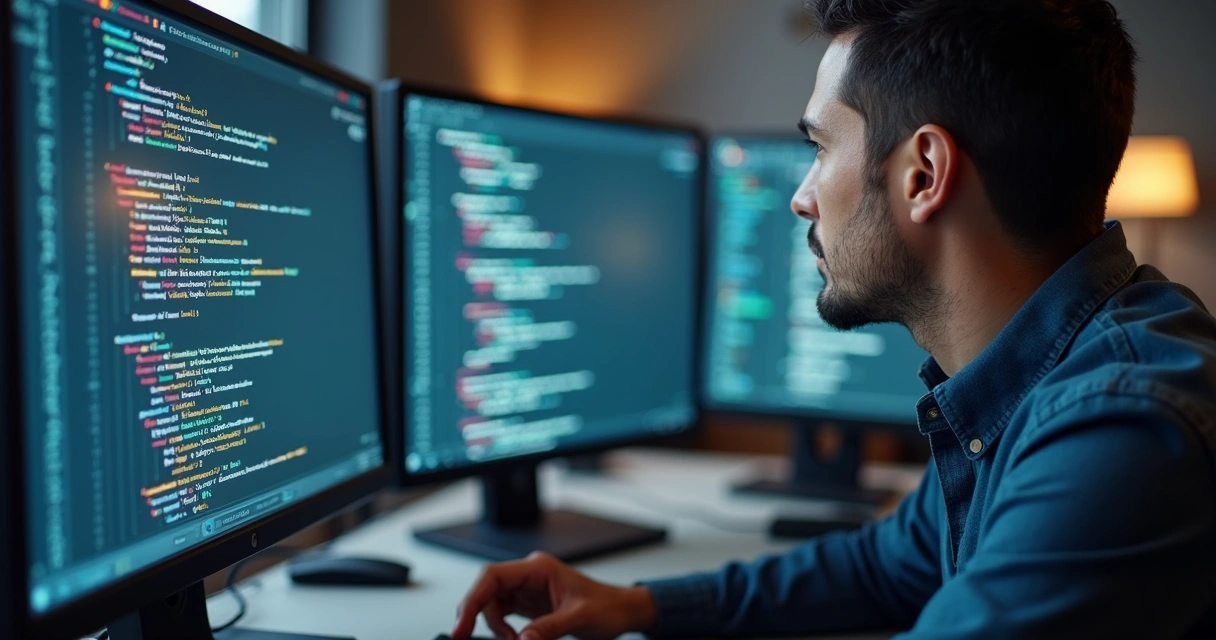 Técnico fazendo ajustes em códigos de SEO numa tela 