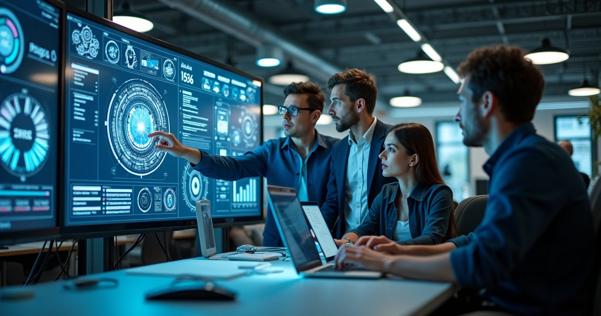 Equipe ajustando configurações técnicas de SEO em oficina digital 