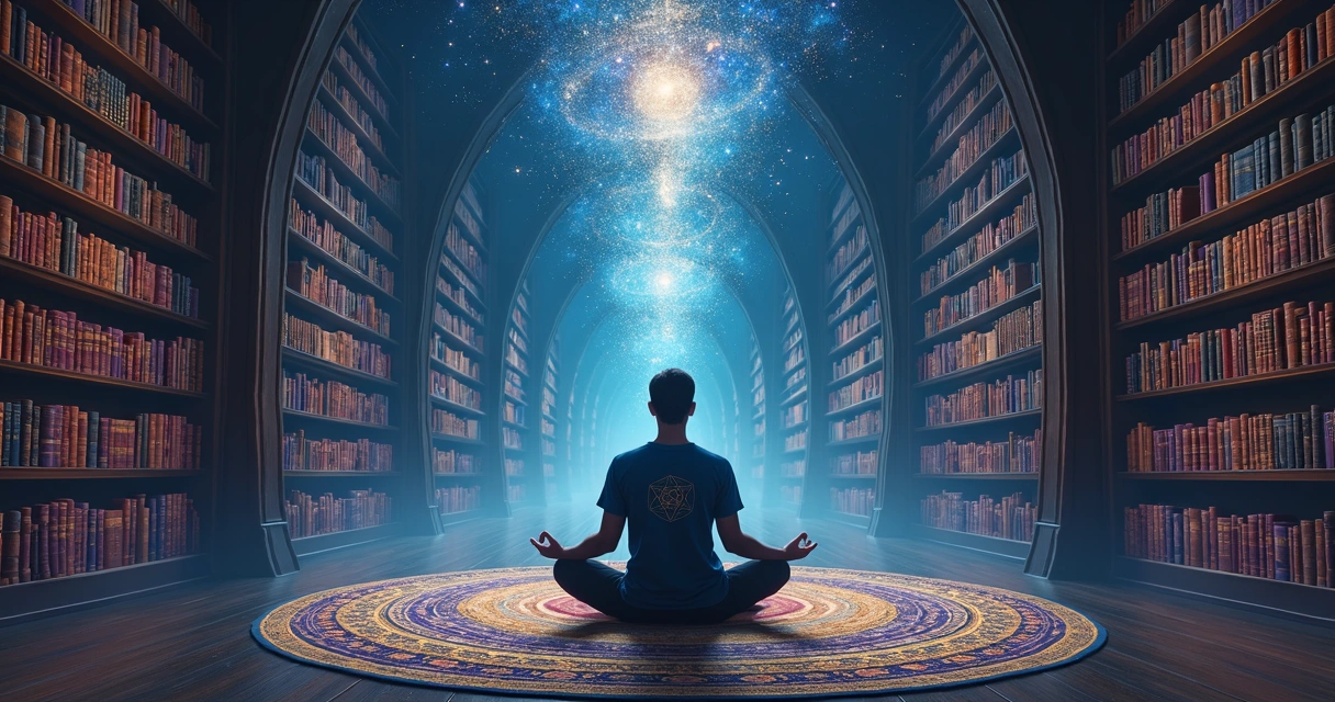 Person meditating in a cosmic library symbolizing an akashic reading 