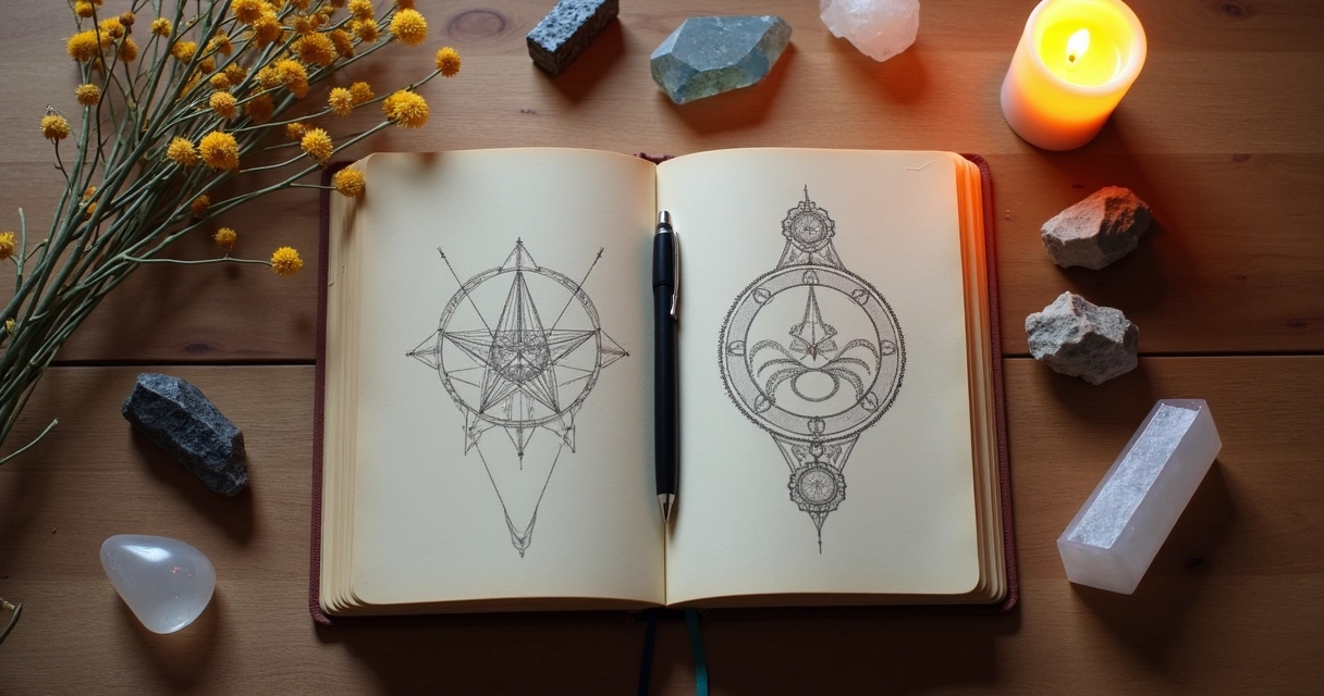 Open journal on table with crystals and candle