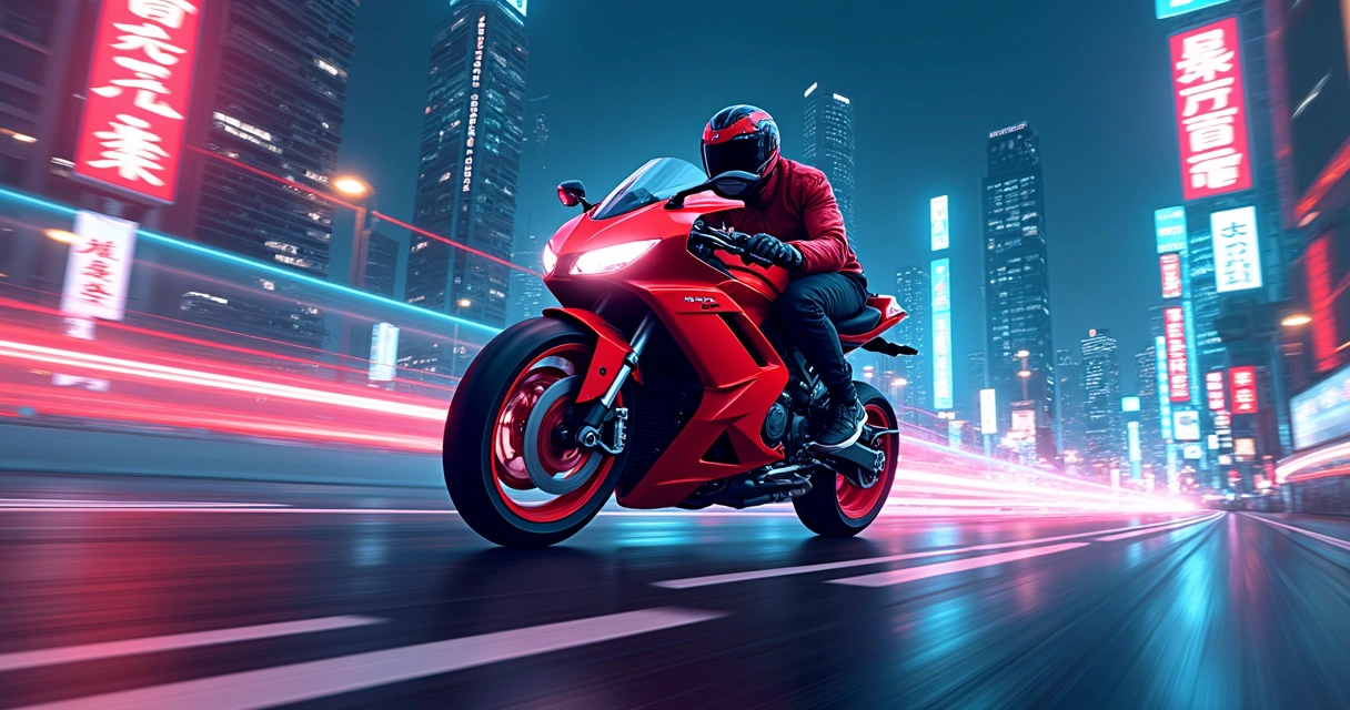 Motocicleta vermelha em uma cidade futurista com luzes neon 