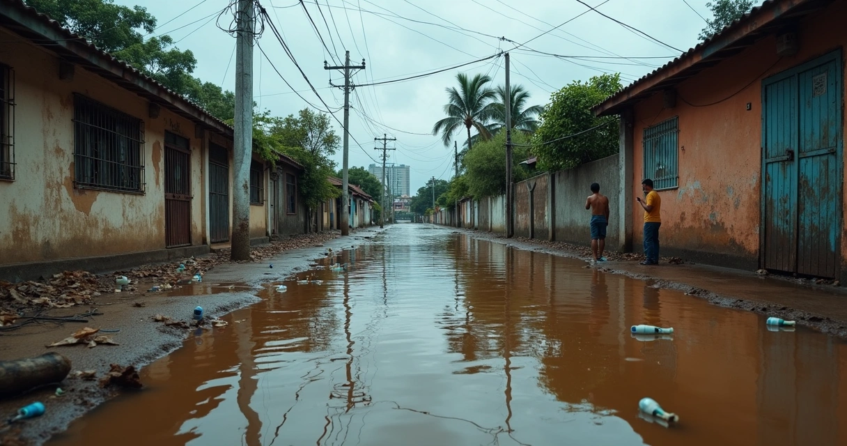 Rua de bairro simples alagada com casas e água na calçada 