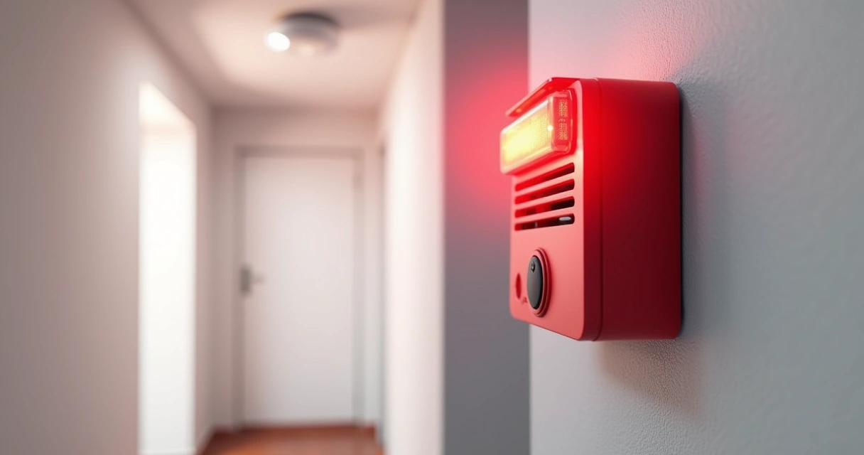 Alarme de incêndio ativado com luz de emergência em destaque