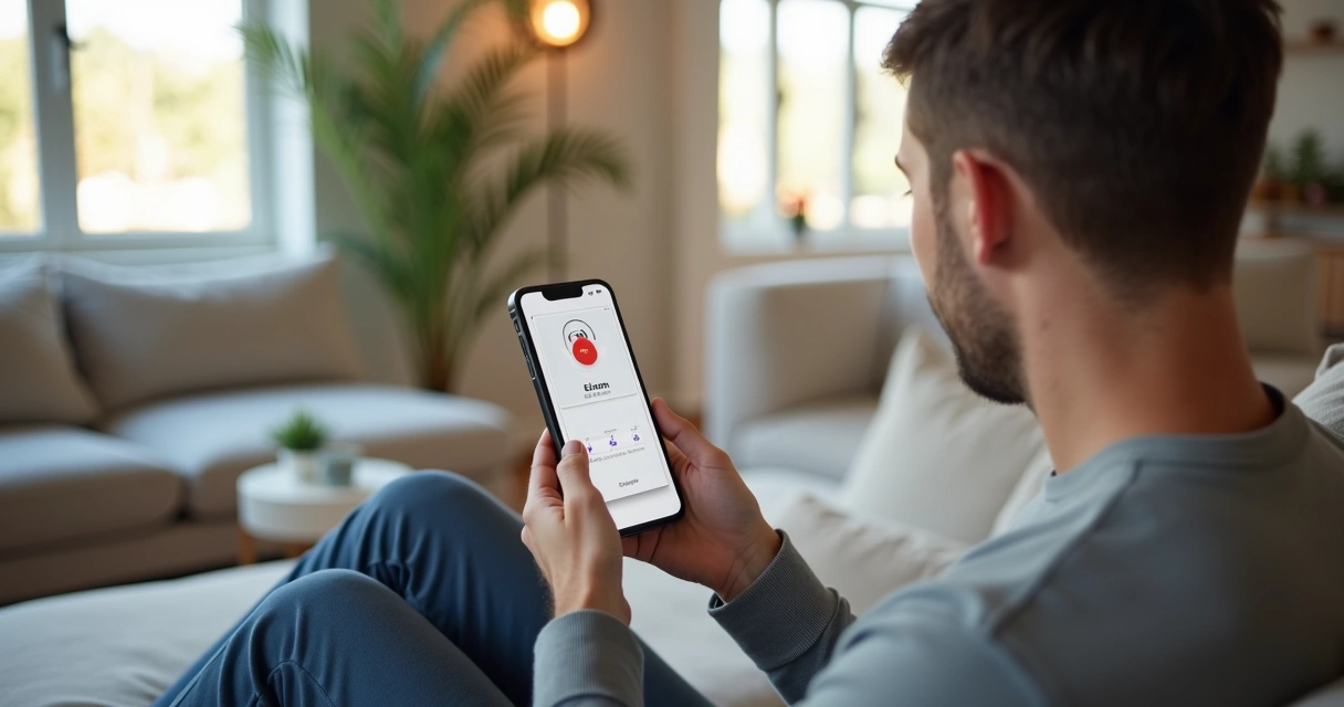 Pessoa recebendo notificação de alarme residencial no celular em casa moderna 