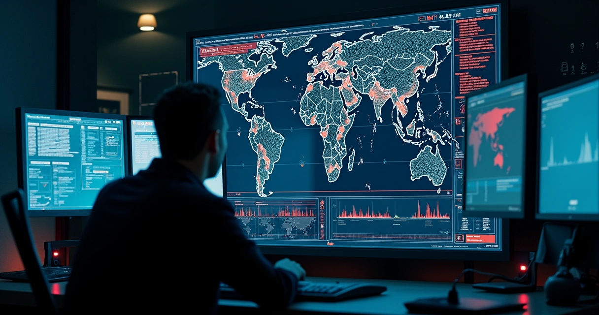 Tela grande com painel de segurança exibindo múltiplos alertas de vazamento de dados 