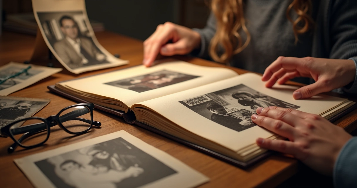Álbum de fotos familiares sobre mesa