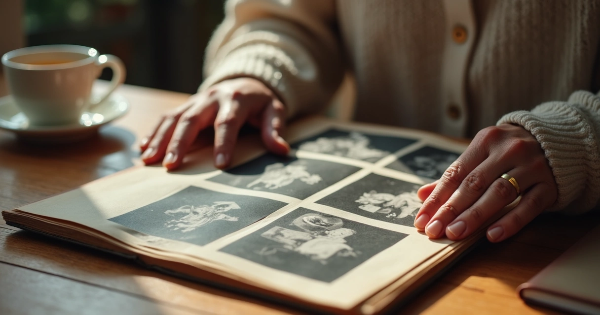 Manos revisando un álbum de fotos antiguas 