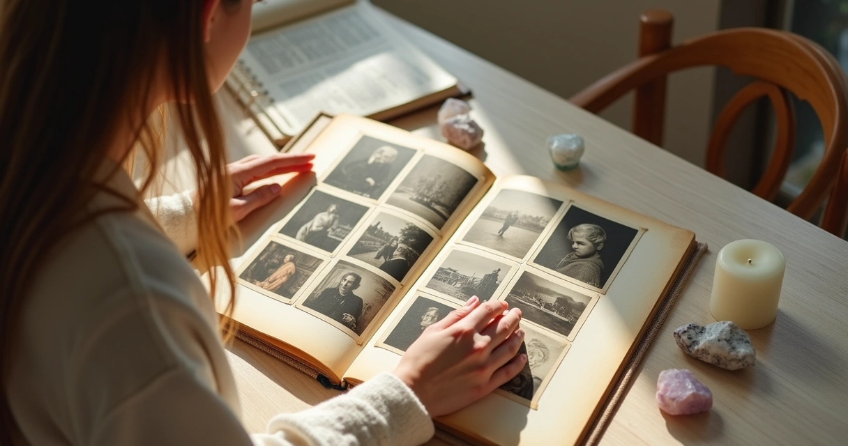 Mulher organizando album de fotos antigas
