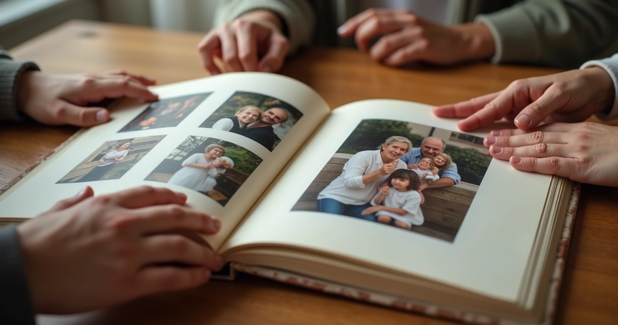 Álbum de fotos e mãos de três gerações