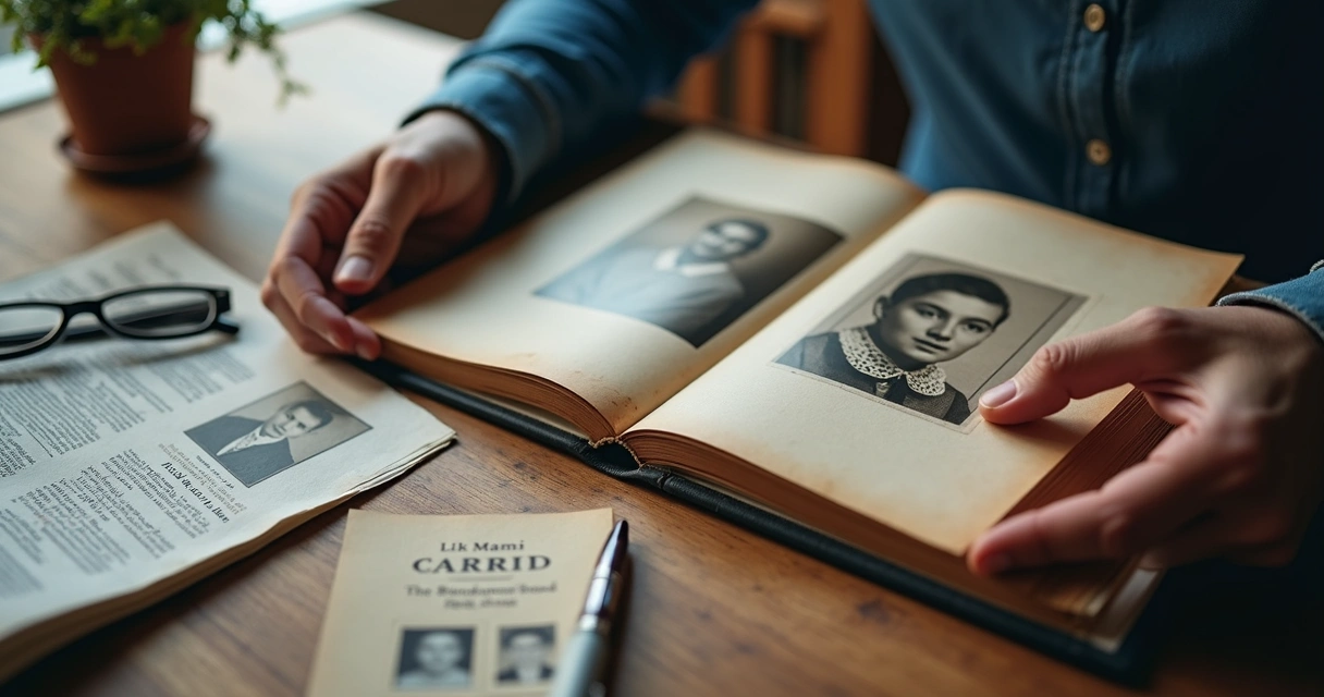 Mãos folheando álbum de fotos ao lado de título de eleitor 