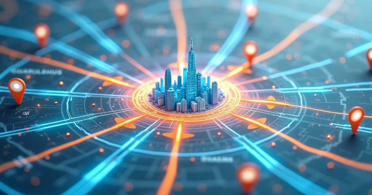 Representação visual do alcance de anúncios da Meta expandindo de uma cidade para cidades vizinhas