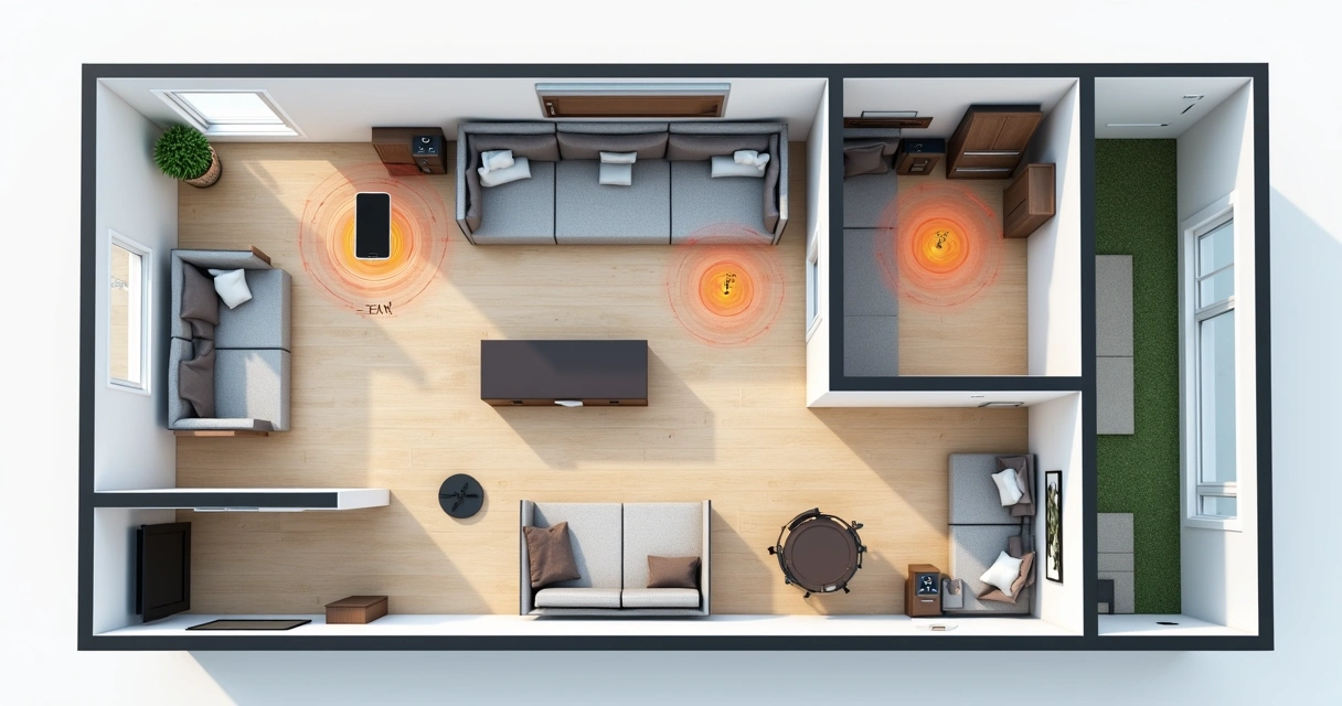 Desenho de áreas diferentes de alcance Bluetooth, com dispositivos conectados 