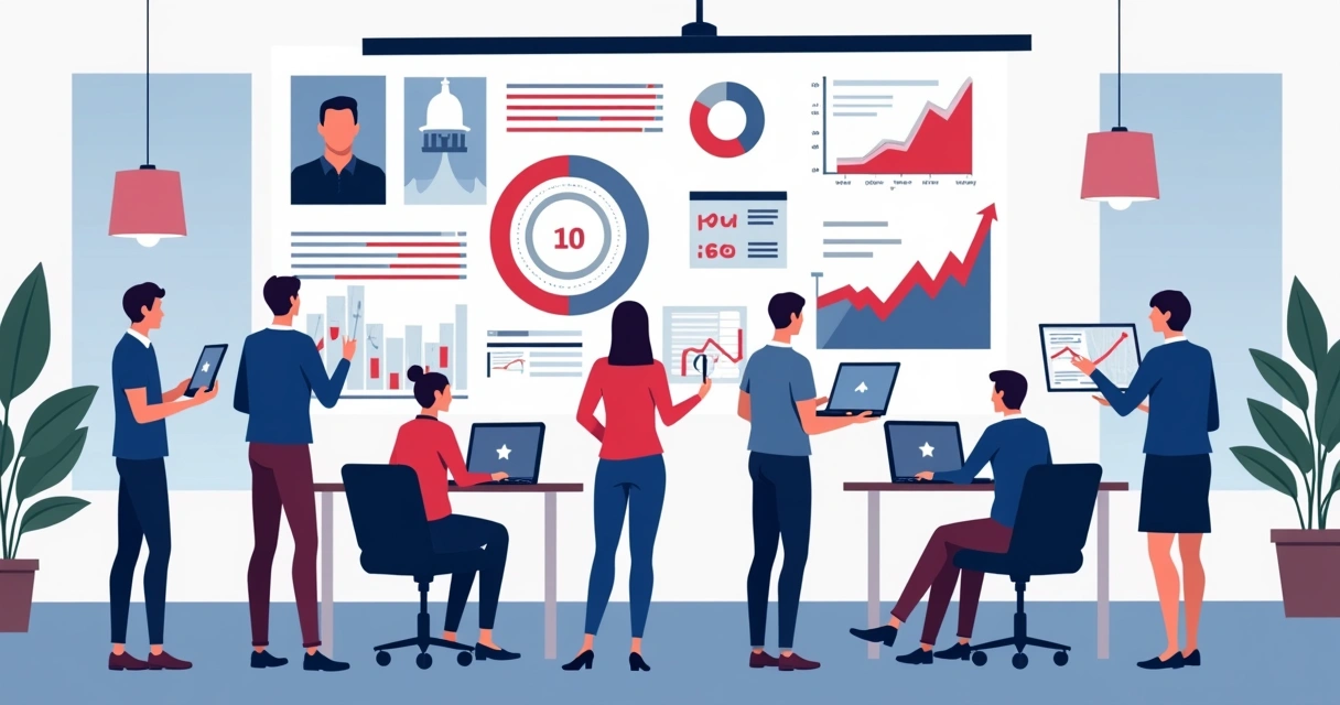 Equipe política reunida analisando métricas digitais em telas grandes, gráficos em alta, ambiente de campanha moderno 