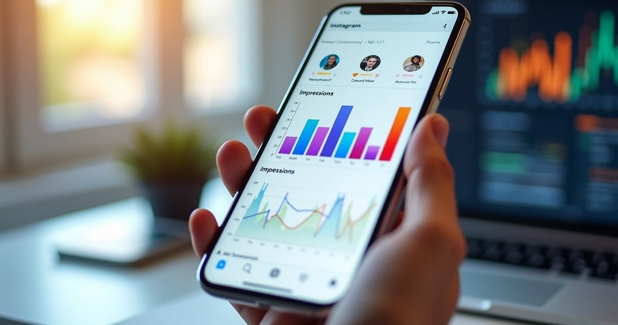 Tela de smartphone exibindo estatísticas de alcance e impressões no Instagram com gráficos coloridos e ícones de seguidores 