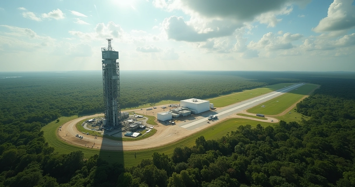 Centro de Lançamento de Alcântara visto do alto, com torre de lançamento e vegetação tropical ao redor. 