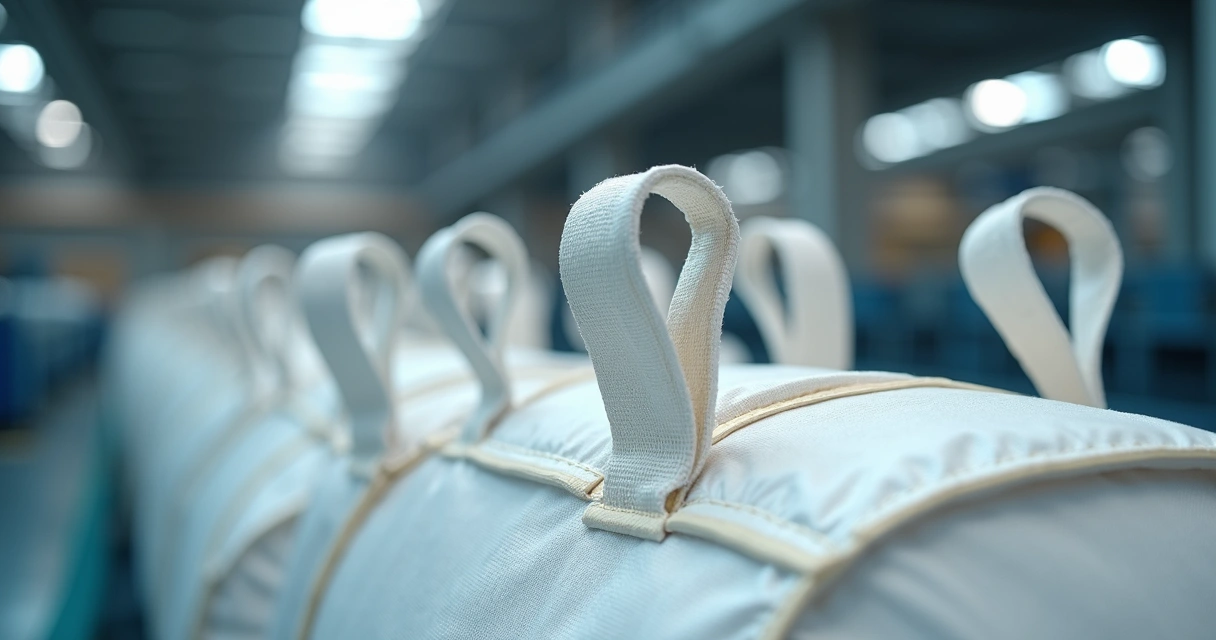 Detalhe de alças de big bag suspensas em esteira dentro de setor industrial limpo 