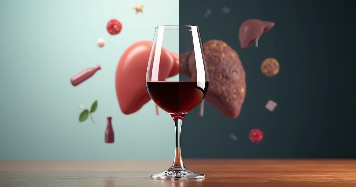 Taça de vinho dividida entre fígado saudável e fígado comprometido 