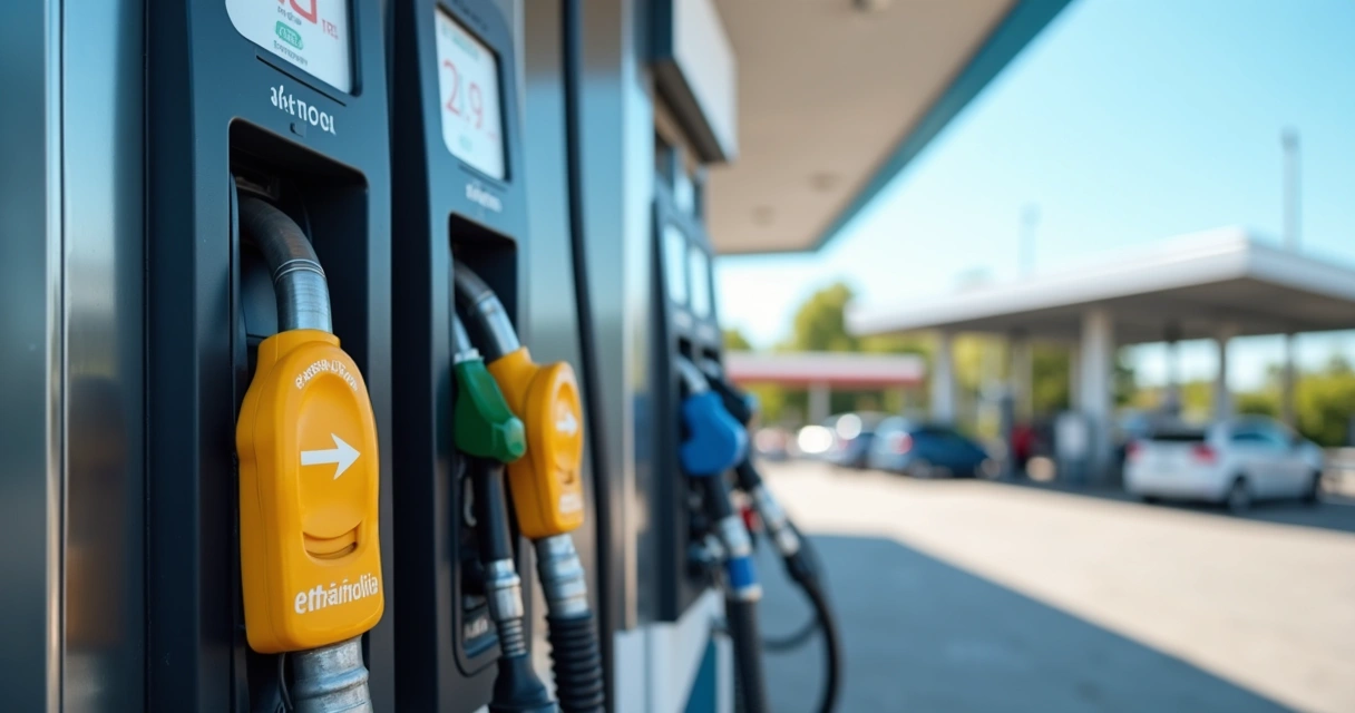 Bomba de combustível com opções de álcool e gasolina em posto de combustível moderno 