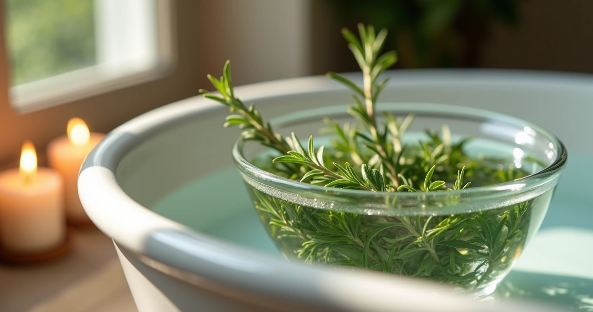 Folhas de alecrim frescas em uma tigela de vidro com água morna ao lado de uma banheira de porcelana e velas acesas 