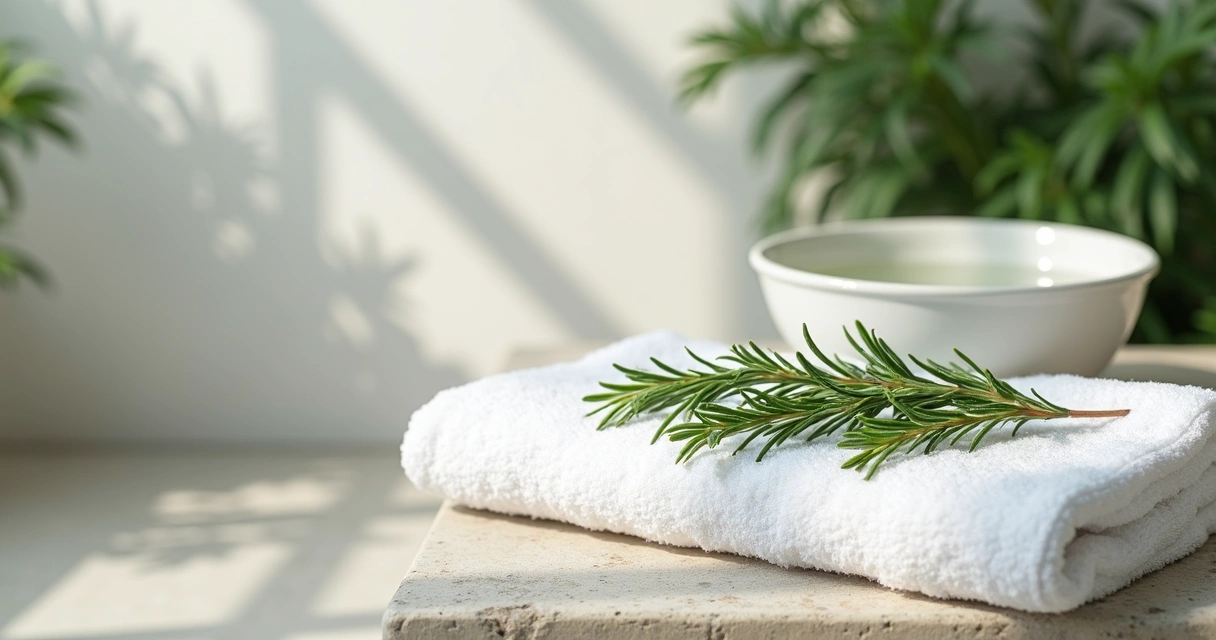 Ramos de alecrim frescos em cima de uma toalha branca no banheiro. 