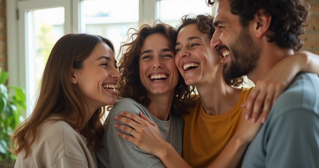 Grupo sorridente trocando abraços em momento de união e superação 