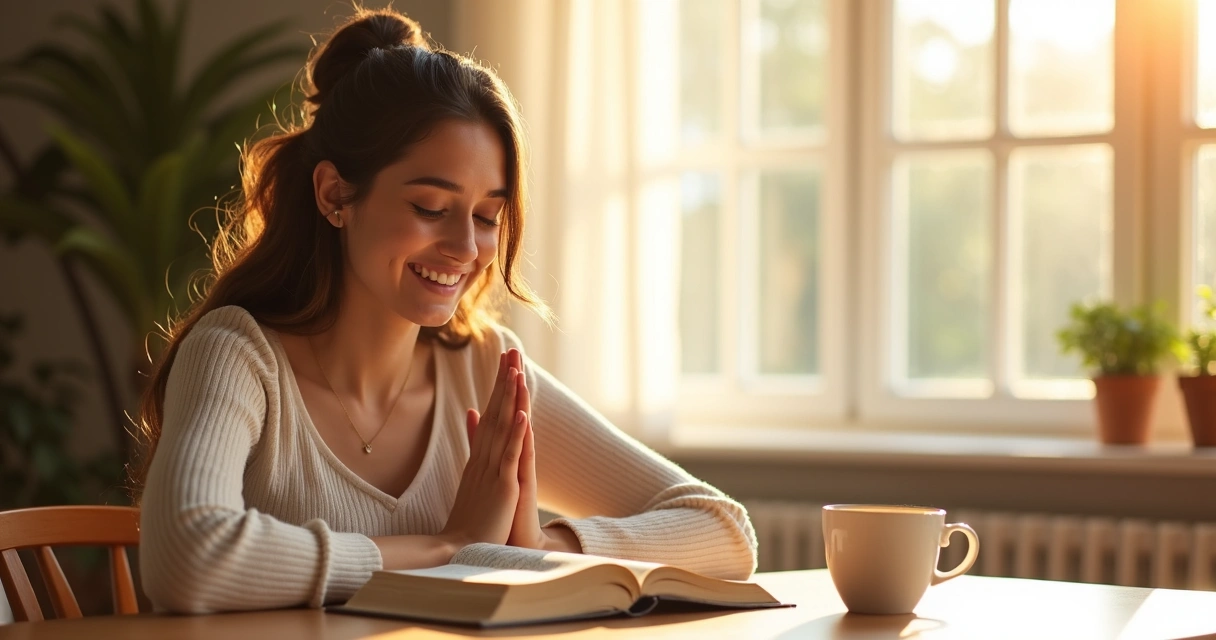 Mulher sorrindo faz oração na mesa com Bíblia aberta e luz suave entrando pela janela 
