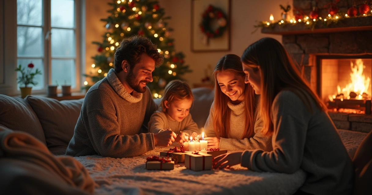 Sala de estar acolhedora decorada para Natal com lareira acesa, árvore reluzente e família reunida 