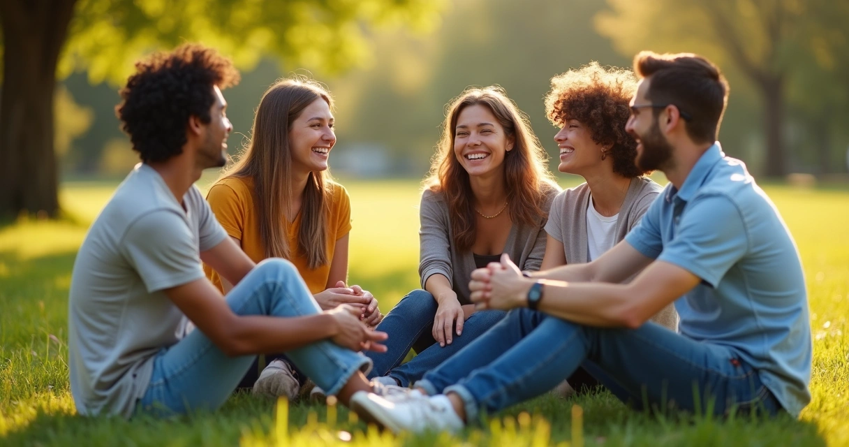 Grupo de amigos riendo sentados en círculo en parque 