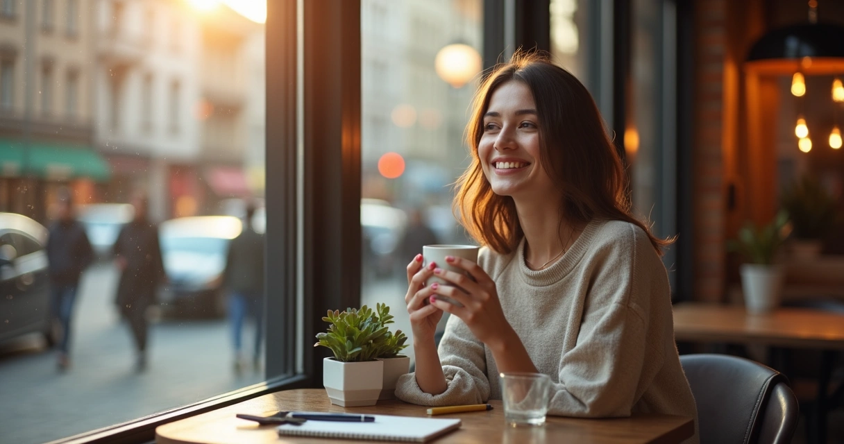 Mulher sorrindo em um café movimentado segurando uma xícara de chá 