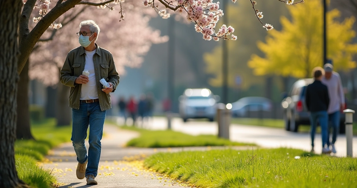 Pessoa caminhando em parque de primavera usando máscara e óculos para proteger da alergia ao pólen 
