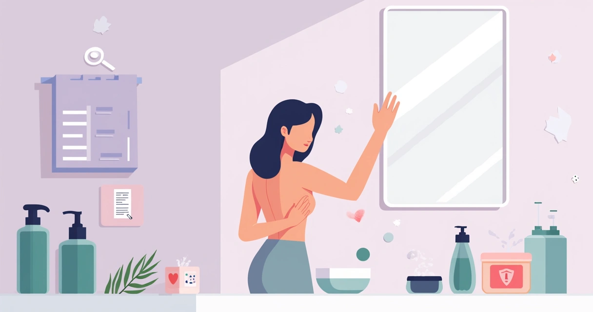 Pessoa examinando a pele irritada após usar produto sensual sobre bancada de cosméticos 