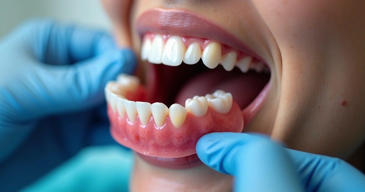 Close detalhado da gengiva irritada ao redor de uma prótese flexível removível 