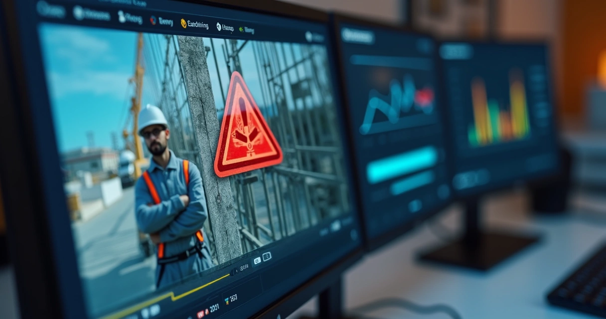 Tela de computador mostrando alerta automático de risco em obra 