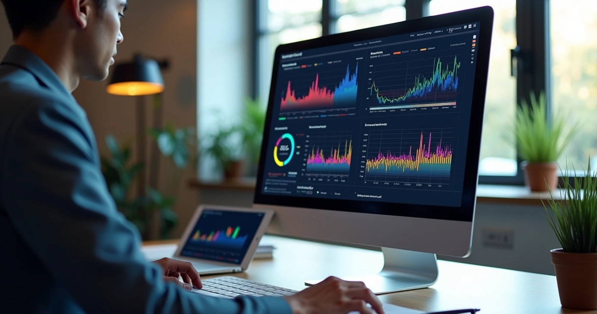 Tela de computador exibindo dashboard com gráficos de risco e alertas automáticos gerados por API 