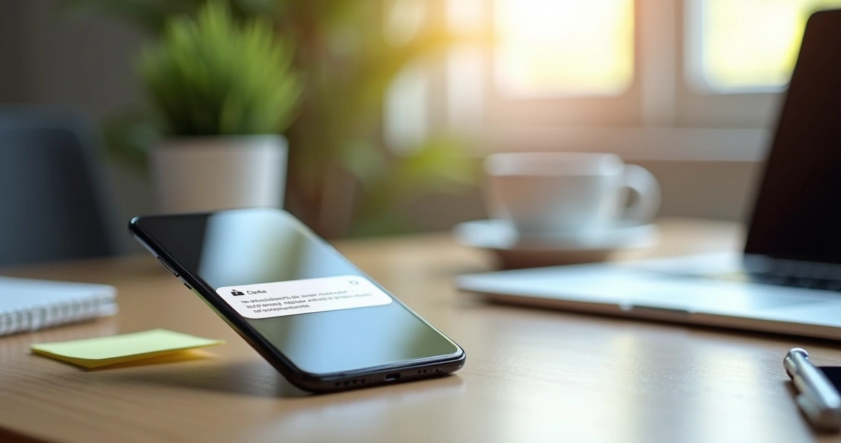 Celular exibindo notificação de alerta automático de compromisso importante em ambiente de escritório organizado 